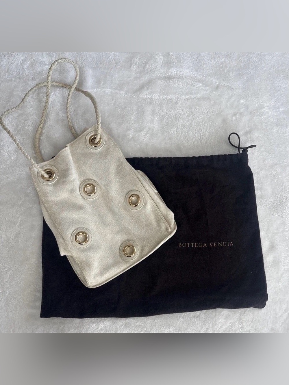 Bottega Veneta Vintage Canvas Bucket Bag With Rivets Off White Shoulder Handbag